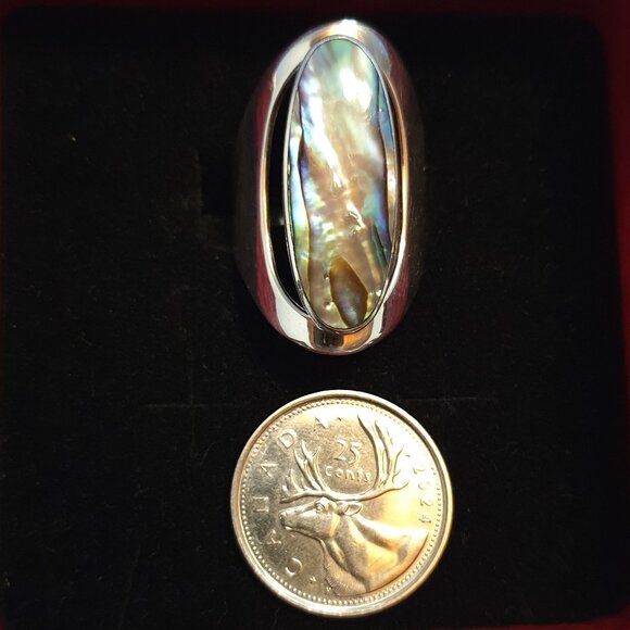 Chunky Vintage 925 Sterling Silver Oval Abalone Shell Inlay Statement Ring - Picture 6 of 14